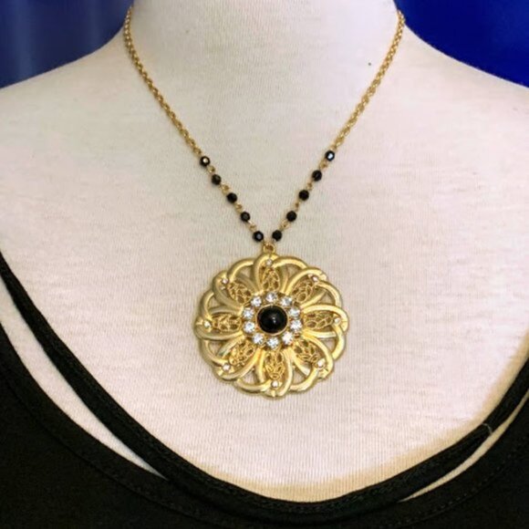 LaviguerDesigns Crystals & Onyx Gold Flower Pendant Necklace - Picture 2 of 3